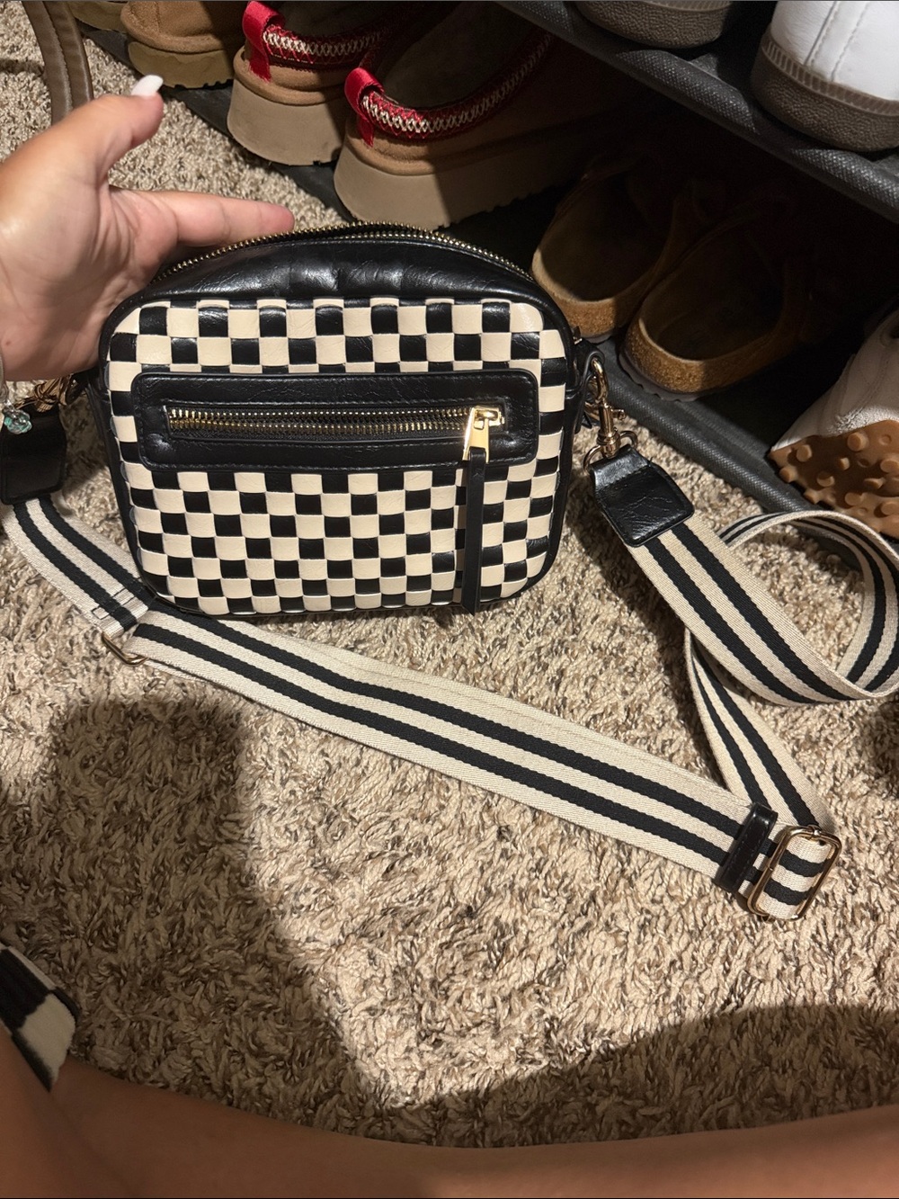 Universal Thread Black and White Checkered Crossbody Bag with Striped Strap